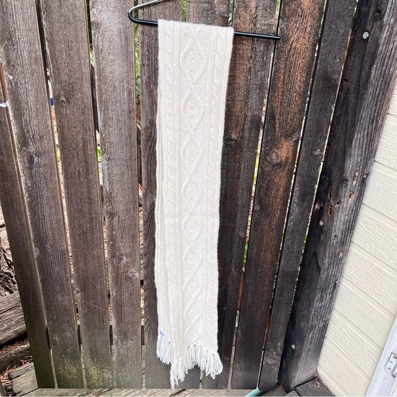 Wool & Angora Blend Cable Knit Fringed Scarf In Cream With Sequins Accents - Picture 12 of 14